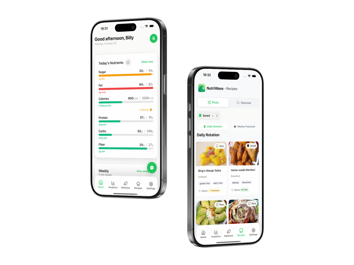 NutriWave app interface showing nutrition tracking dashboard
