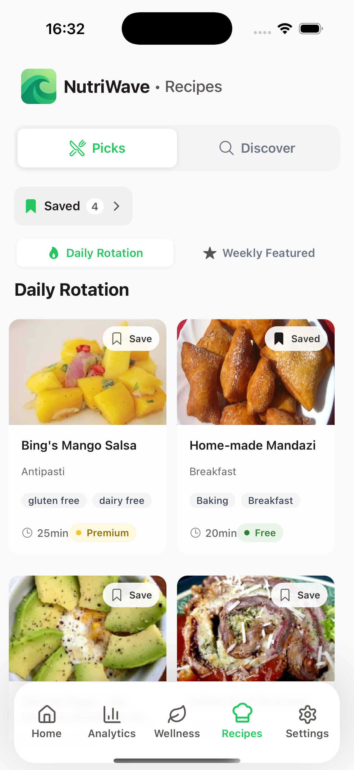 Recipe discovery interface with filtering and nutrition information